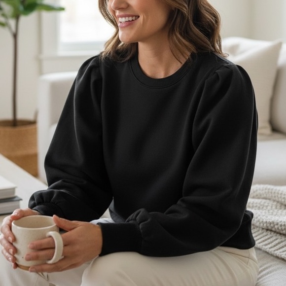 A New Day Puff Sleeve Crewneck Sweatshirt Black Size Medium - Picture 3 of 8